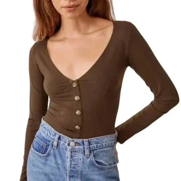 Reformation Tops - Reformation Virgil Ribbed Top Brown Tencel Scoop Neck Button Front Women's Small
